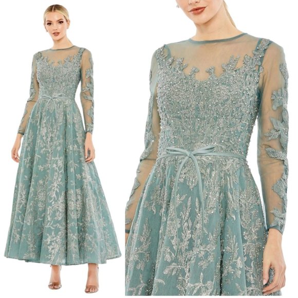 NWT MAC DUGGAL JADE GREEN SZ‎ 20 20337 EMBELLISHED BOW BELT LONG SLEEVE D…